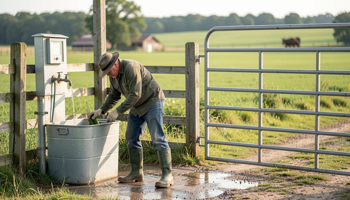 Grower cleaning boots at a wash station beside a farm gate overlooking green fields.